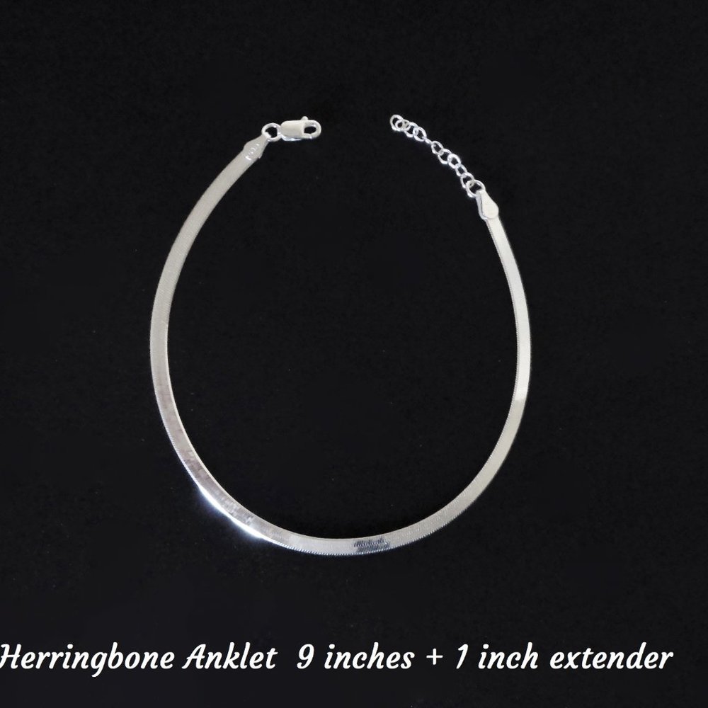 925 Sterling Silver Herringbone Ankle Bracelet Real SOLID Silver Anklet